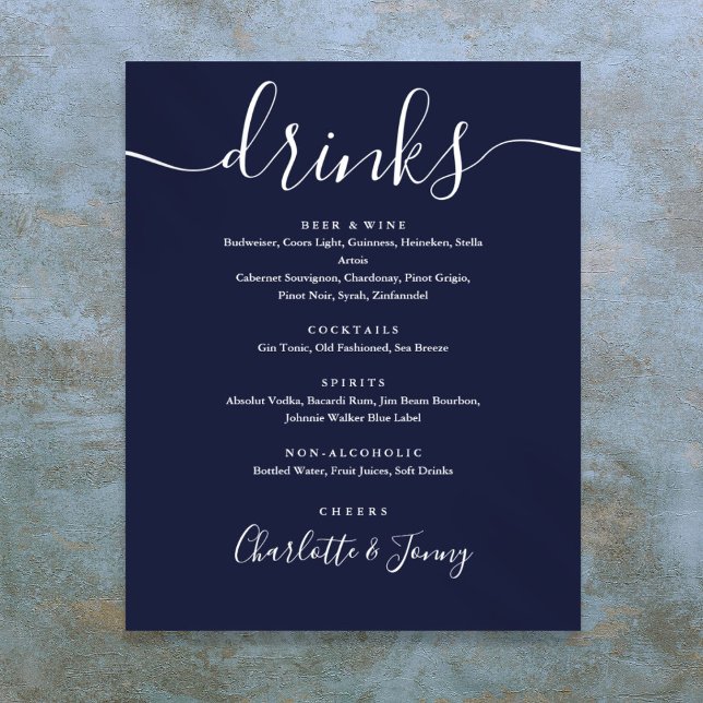 Signature Blue Signature Script Drinks Menü Signat Poster (Navy Blue Signature Script Drinks Menu Sign)