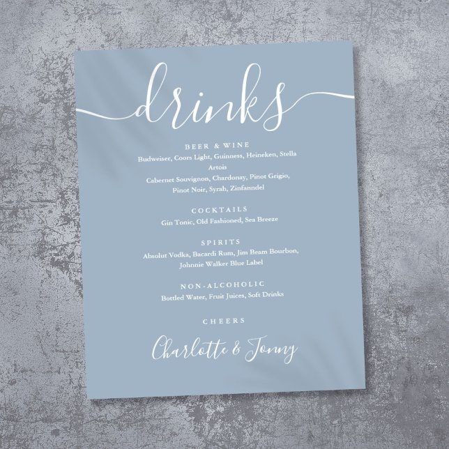 Signature Blue Signature Script Drinks Menü Signat Poster (Dusty Blue Signature Script Drinks Menu Sign)