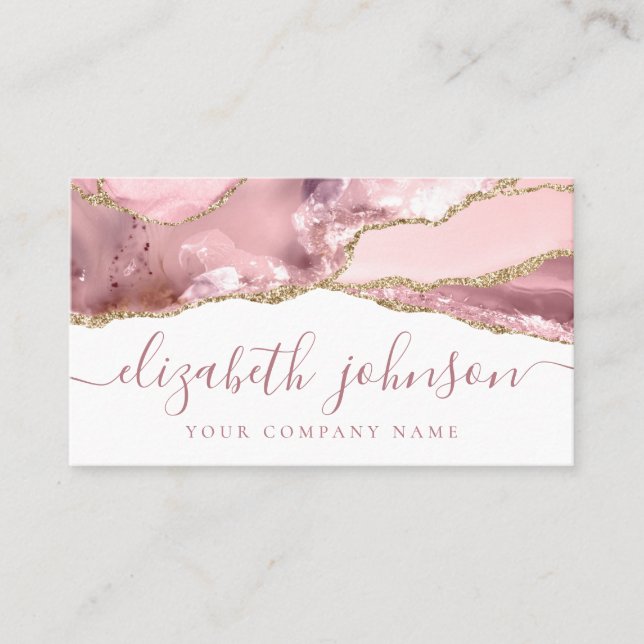 Signature Blush Pink Gold Glitzer Agate Marmor Visitenkarte (Vorderseite)