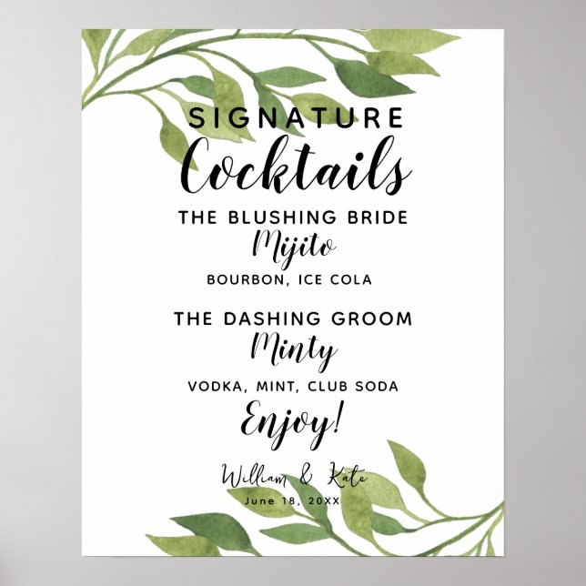 Signature Cocktail Bar Zeichen botanische Hochzeit Poster (Vorne)