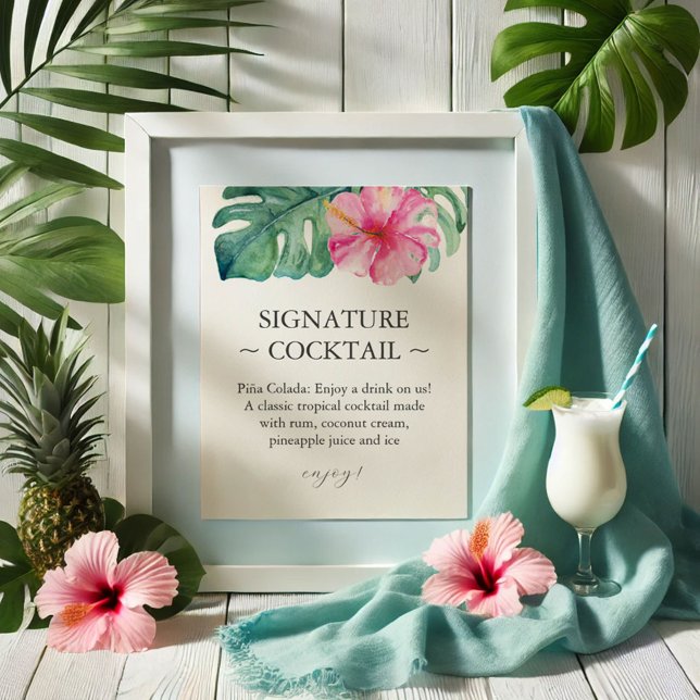 Signature-Cocktail-Zeichen für tropische Hochzeite Poster (Wedding bar signs tropical pink hibiscus flower art by Victoria Grigaliunas of Do Tell A Belle)
