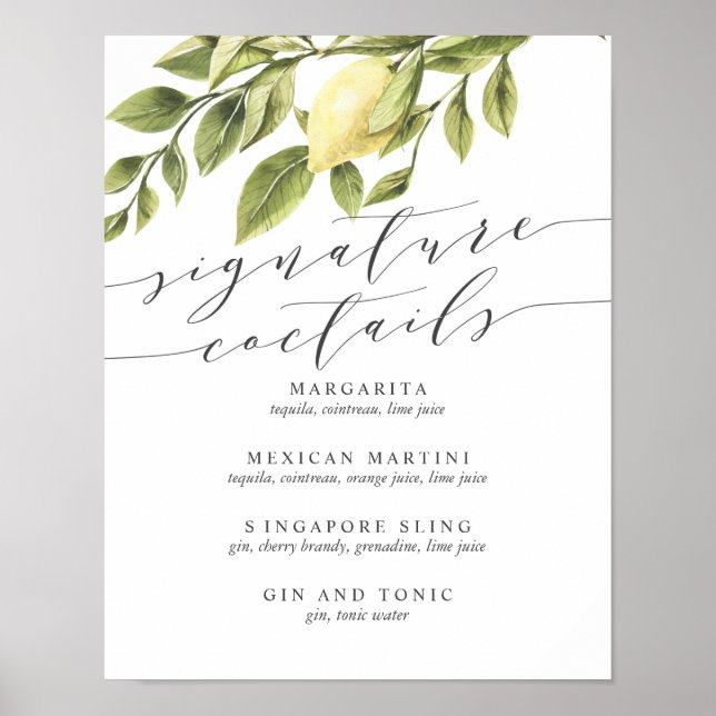 Signature-Cocktailmenü-Zeichen für Zitronen und Bl Poster (Vorne)