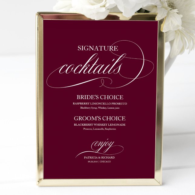 Signature Cocktails Burgundy Marsala Wedding Sign Poster (Von Creator hochgeladen)