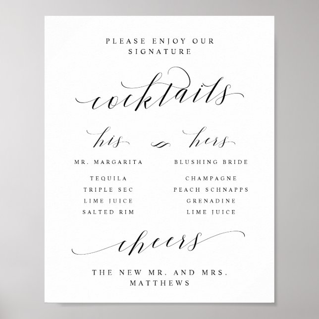 Signature Cocktails Sign & Your Bar Menu Unterschr Poster (Vorne)