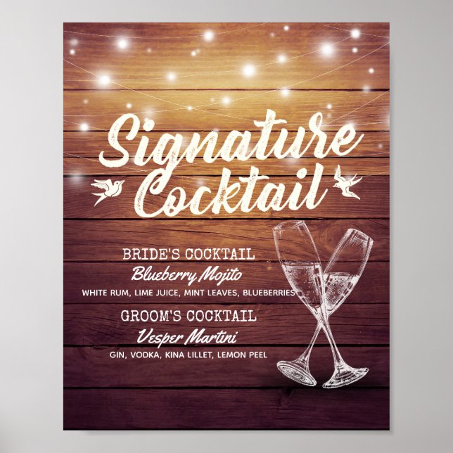 Signature Drink Menu Champagne Glass Wood Poster (Vorne)