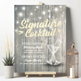 Signature Drink Menu Champagne Glass Wood Poster
