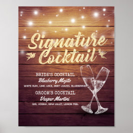 Signature Drink Menu Champagne Glass Wood Poster