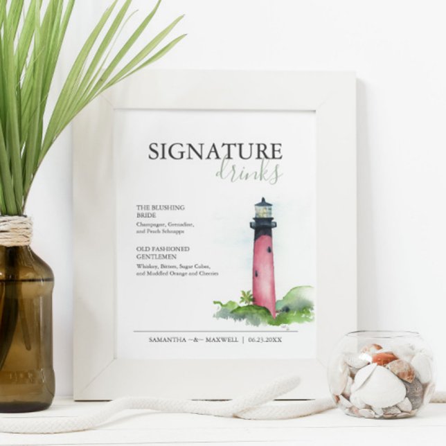 Signature Drinks 8x10 Beach Hochzeitszeichen Poster (Wedding signature drinks sign watercolor lighthouse art by Victoria Grigaliunas of Do Tell A Belle)