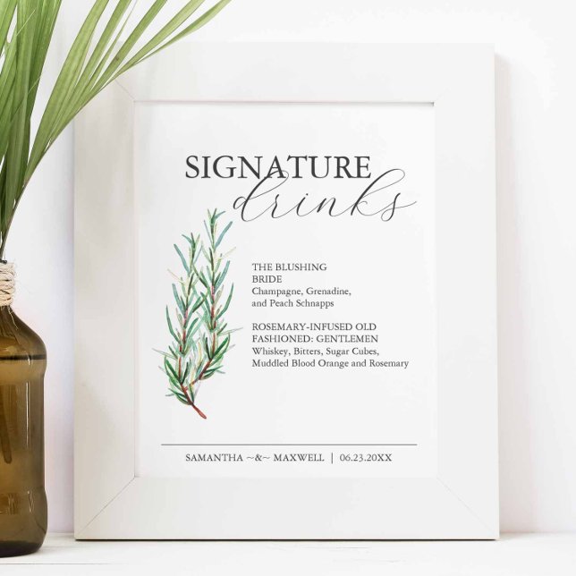 Signature Drinks 8x10 Rosemary Wedding Sign Poster (Signature cocktails sign feature a watercolor sprig of rosemary by Victoria Grigaliunas )