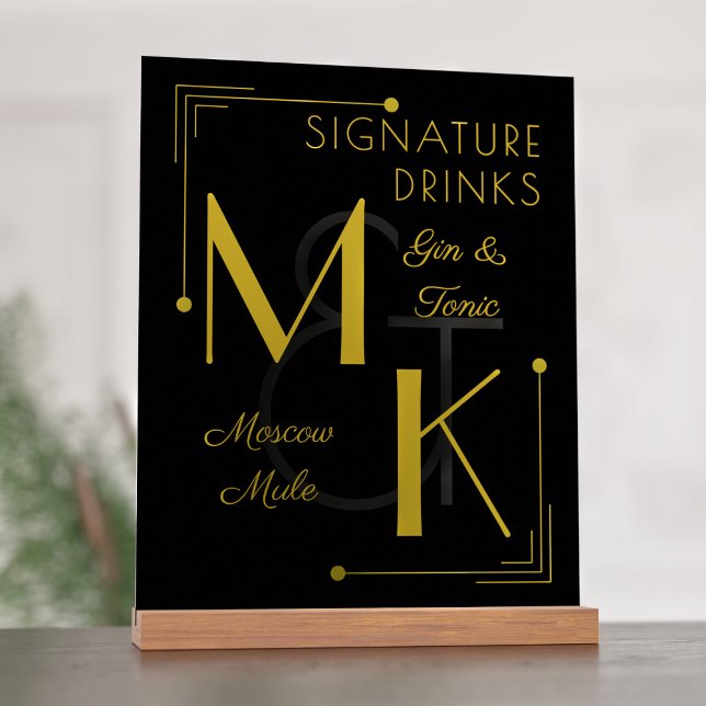 Signature Drinks Art Deco 1920er Hochzeit Acrylschild (Just add your initials and signature drinks to this roaring 20s inspired acrylic sign)