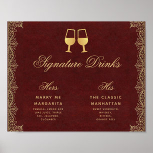 Signature Drinks Burgundy Gold Script Hochzeitszei Poster