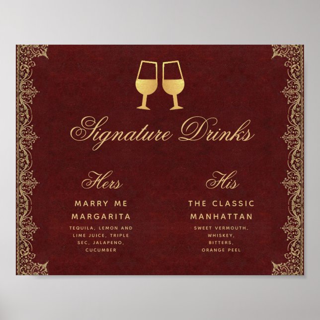 Signature Drinks Burgundy Gold Script Hochzeitszei Poster (Vorne)