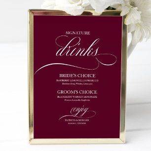 Signature Drinks Burgundy Marsala Wedding Sign Poster