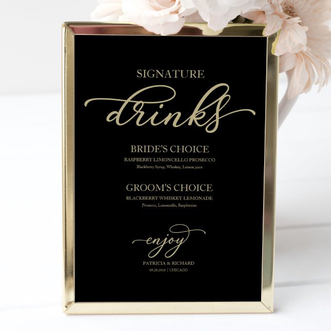 Signature Drinks Chic Gold Script Black Sign Poster (Von Creator hochgeladen)