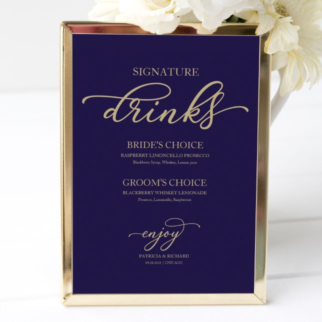 Signature Drinks Chic Gold Script Navy Blue Poster (Von Creator hochgeladen)