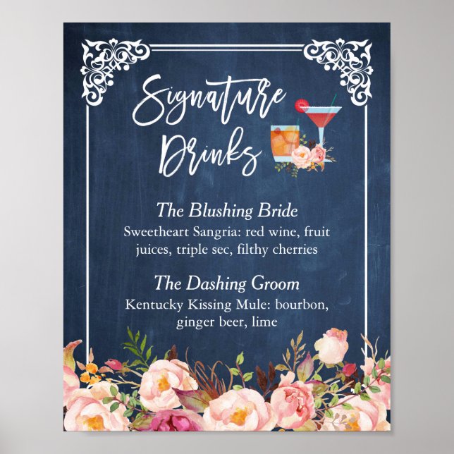 Signature Drinks Cocktail Floral Navy Blue Hochzei Poster (Vorne)