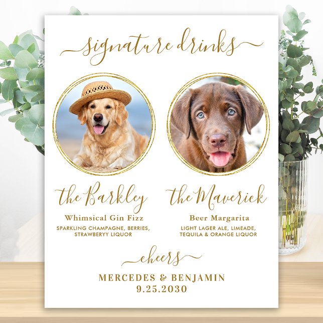 Signature Drinks Custom Foto Gold Pet Hochzeit Bar Poster (Von Creator hochgeladen)