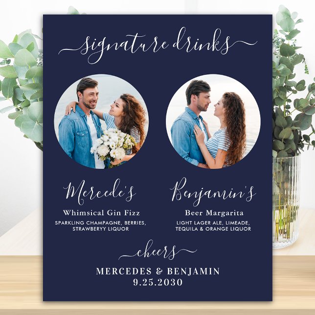 Signature Drinks Custom Foto Navy Blue Hochzeit Poster (Von Creator hochgeladen)