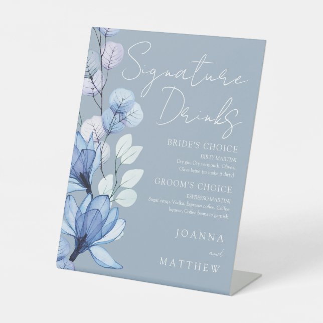 Signature Drinks Dusty Blue Floral Hochzeit Sockelschild (Vorderseite)