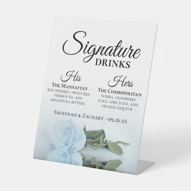 Signature Drinks Elegant Dusty Blue Rose Hochzeit Sockelschild (Vorderseite)