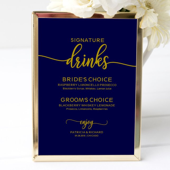 Signature Drinks Elegant Gold Marine Blaues Zeiche Poster (Von Creator hochgeladen)