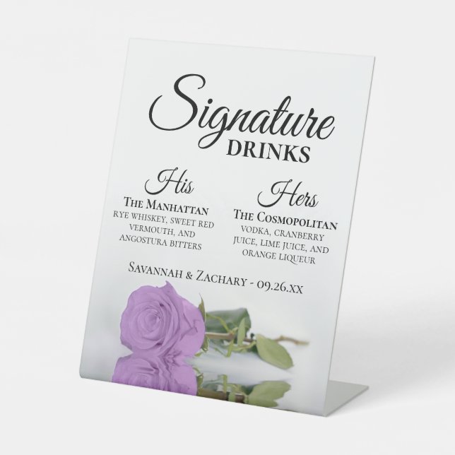 Signature Drinks Elegant Lilac Lila Rose Hochzeit Sockelschild (Vorderseite)