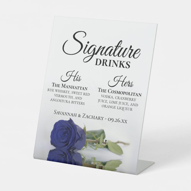 Signature Drinks Elegant Navy Blue Rose Hochzeit Sockelschild (Vorderseite)