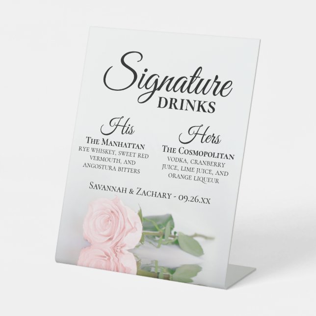 Signature Drinks Elegant Rosa Hochzeit Sockelschild (Vorderseite)