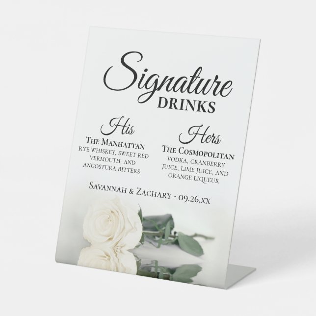 Signature Drinks Elegant White Rose Hochzeit Sockelschild (Vorderseite)