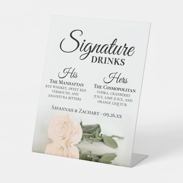 Signature Drinks Elegante Blush Peach Rose Hochzei Sockelschild (Vorderseite)