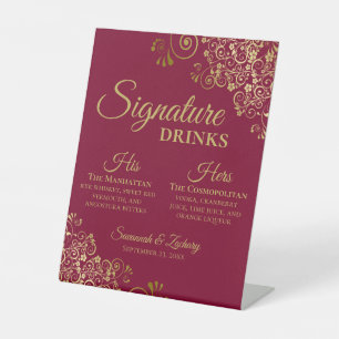 Signature Drinks Elegante Burgund & Gold Hochzeit Sockelschild