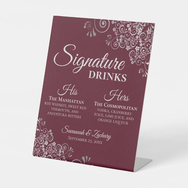 Signature Drinks Elegante Burgund & Silver Wedding Sockelschild (Vorderseite)