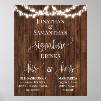 Signature Drinks Hochzeit Empfang rustikales Zeich Poster