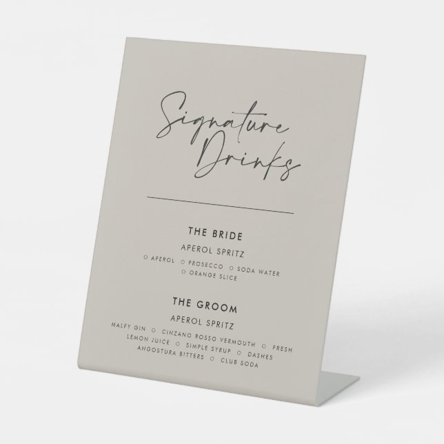 Signature Drinks Hochzeit modern minimalgrau Sockelschild (Vorderseite)