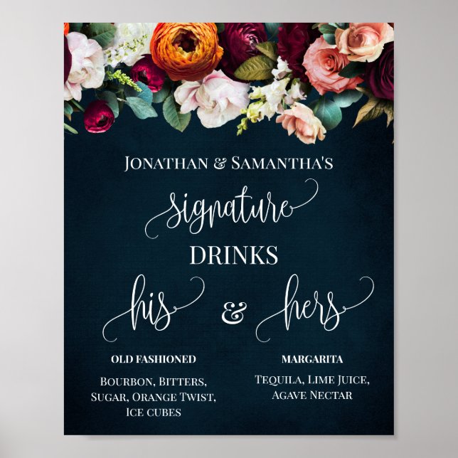 Signature Drinks Hochzeiten Wein Blume Marine Zeic Poster (Vorne)