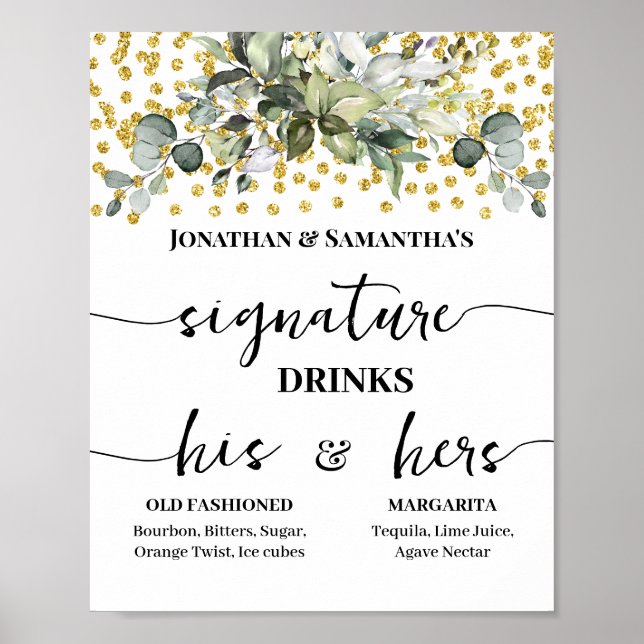 Signature Drinks Hochzeitsempfang Eukalyptus Gold Poster (Vorne)