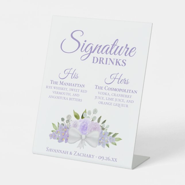 Signature Drinks Lavendel Rose & Blüten Hochzeit Sockelschild (Vorderseite)