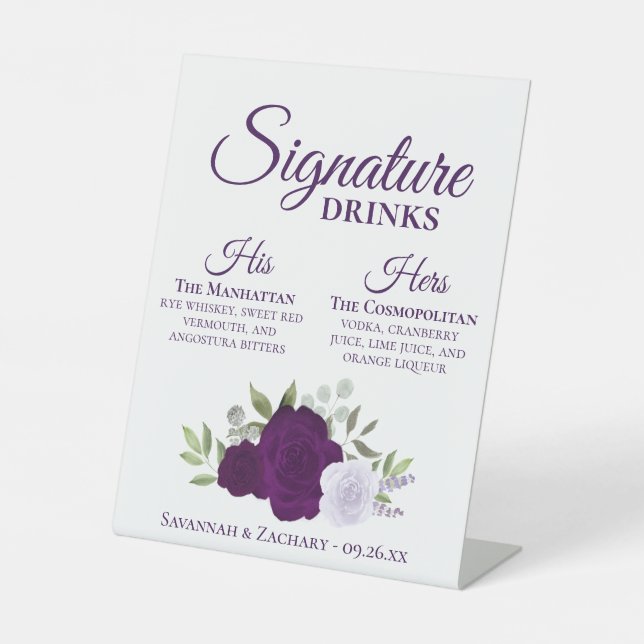 Signature Drinks Lila Aquarellfarben Rose Hochzeit Sockelschild (Vorderseite)