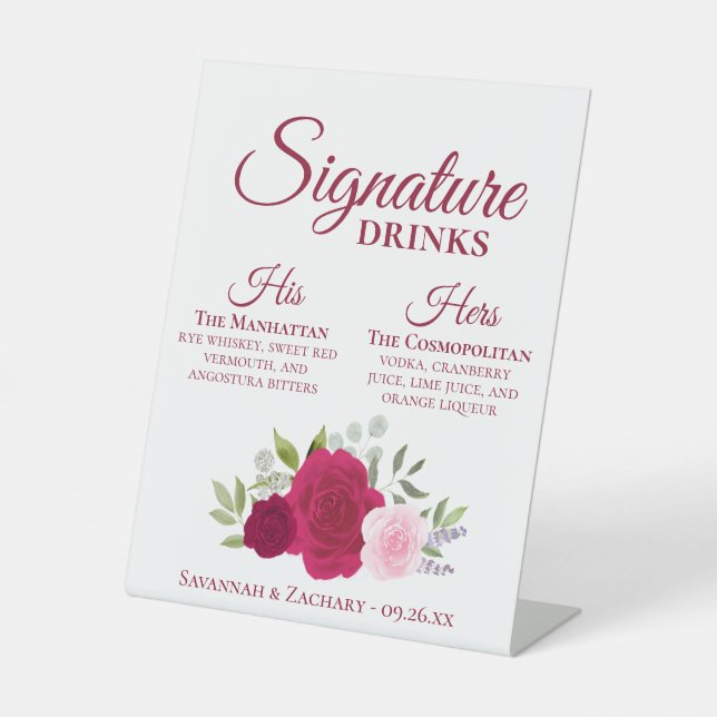 Signature Drinks Magenta & Pink Roses Hochzeit Sockelschild (Vorderseite)