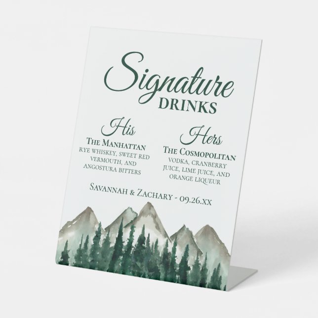 Signature Drinks Mountains & Pine Wedding Sockelschild (Vorderseite)