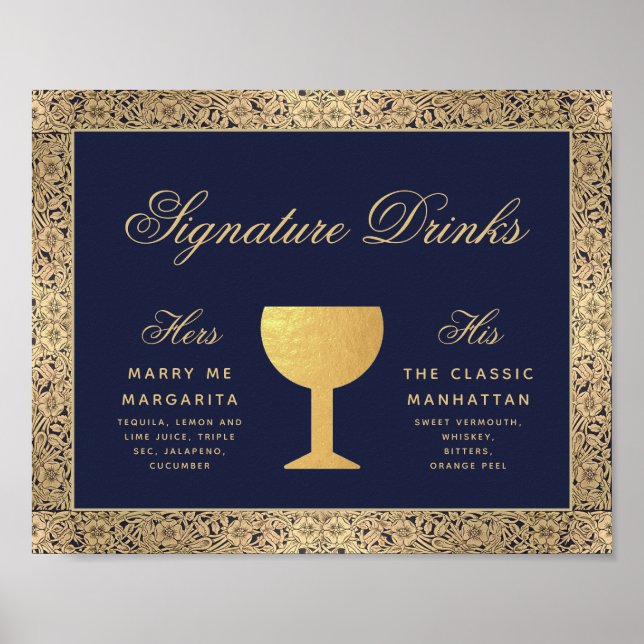 Signature Drinks Navy Blue Gold Rose Hochzeitszeic Poster (Vorne)