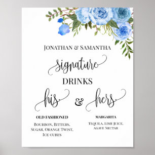 Signature Drinks Paare Hochzeit blaues Blumenzeich Poster