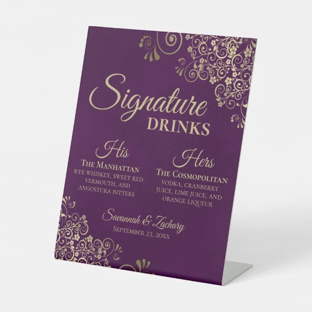 Signature Drinks Plum Lila & Gold Wedding Bar Sockelschild (Vorderseite)