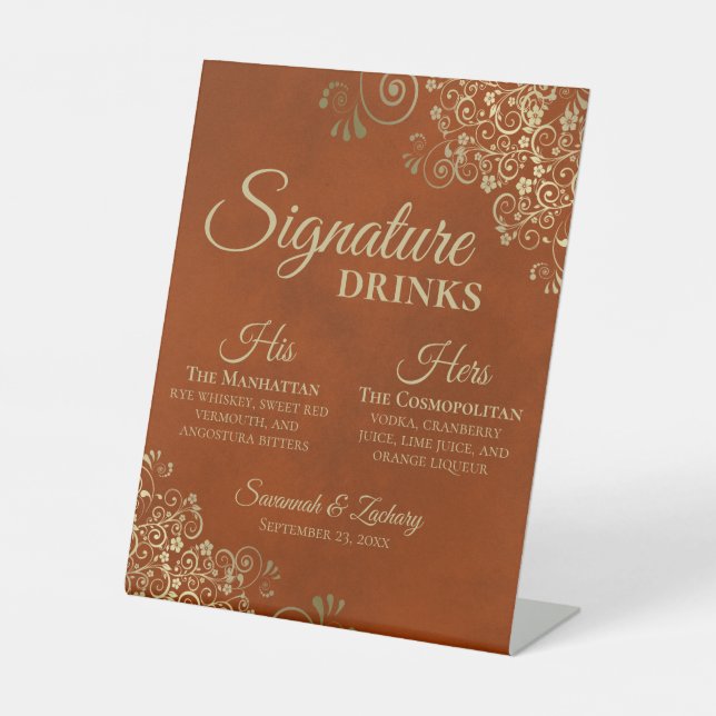 Signature Drinks Rost Orange & Gold Hochzeit Bar Sockelschild (Vorderseite)