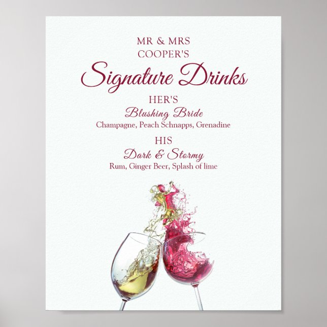 Signature Drinks Rot und Weiß Wein Tanz Hochzeit Poster (Vorne)