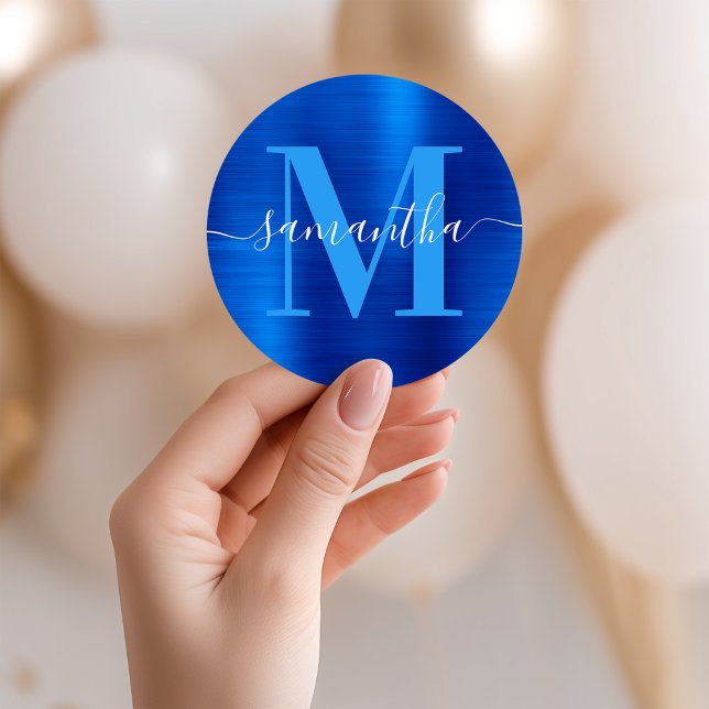 Signature Monogram Royal Blue Foil Runder Aufkleber (Signature Monogram Royal Blue Foil Classic Round Sticker)