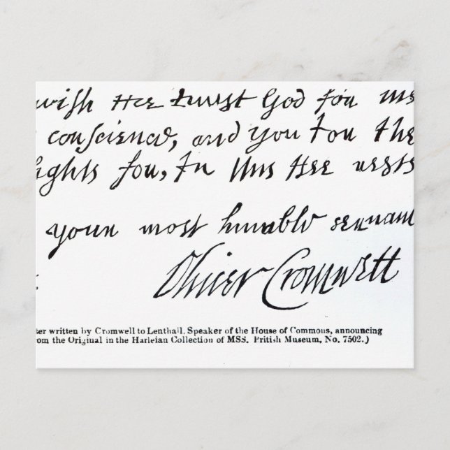 Signature Oliver Cromwell, handschriftlich Postkarte (Vorderseite)