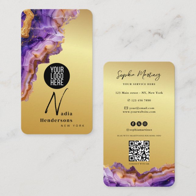 Signature Purple Agate gold marble & QR Code Logo Visitenkarte (Vorne/Hinten)