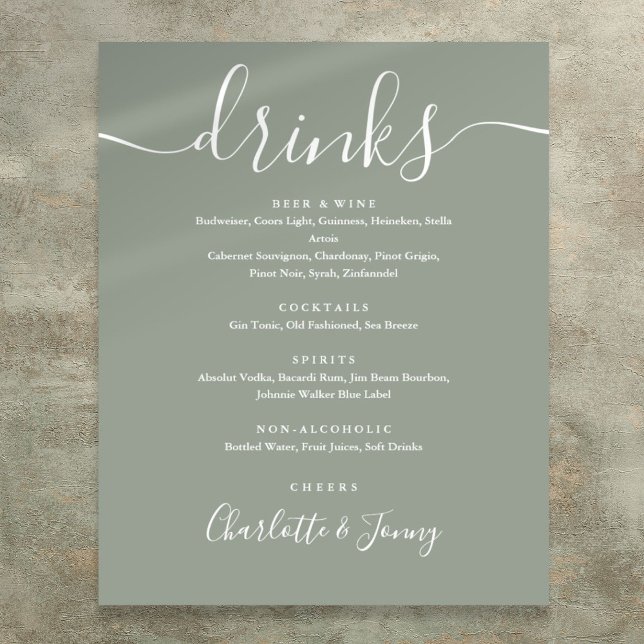 Signature Sage Green Signature Script Drinks Menü  Poster (Sage Green Signature Script Drinks Menu Sign)