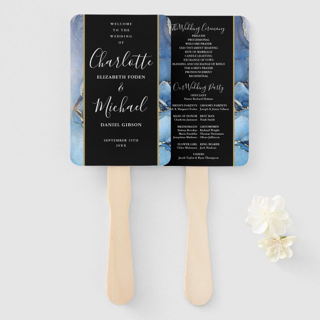 Signature Script Blue Agate Wedding Program Fächer (Vorne und Hinten)